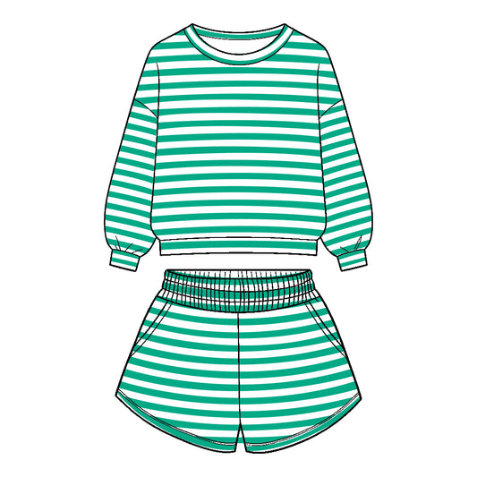 Preorder (moq 5)Baby Girls Long Sleeve Green Stripe Top Pockets Short Clothes Set