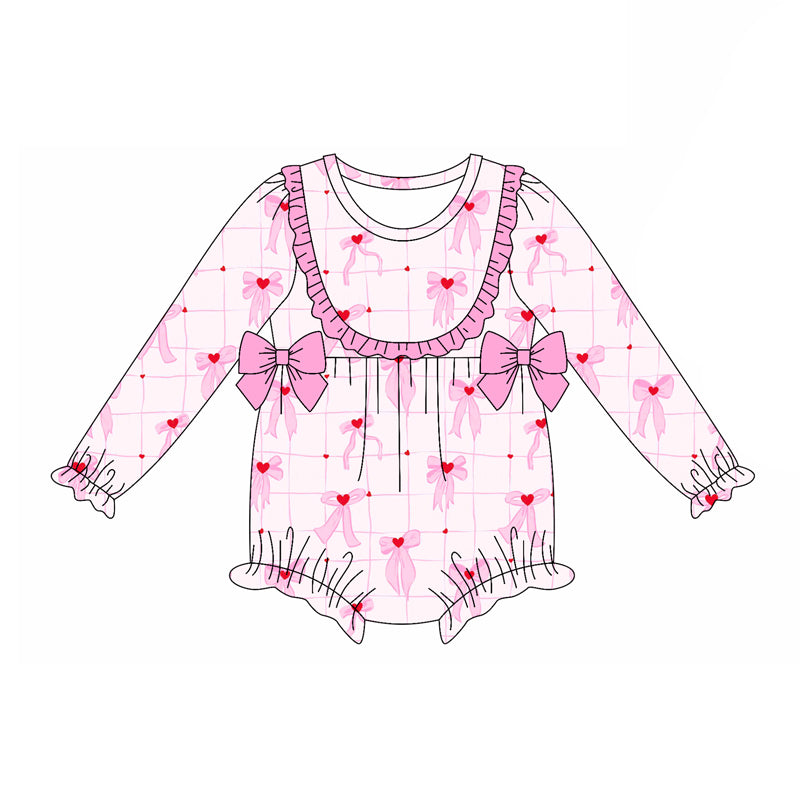 Preorder(moq 5)Baby Girls Pink Hearts Bows Plaid Ruffle Rompers