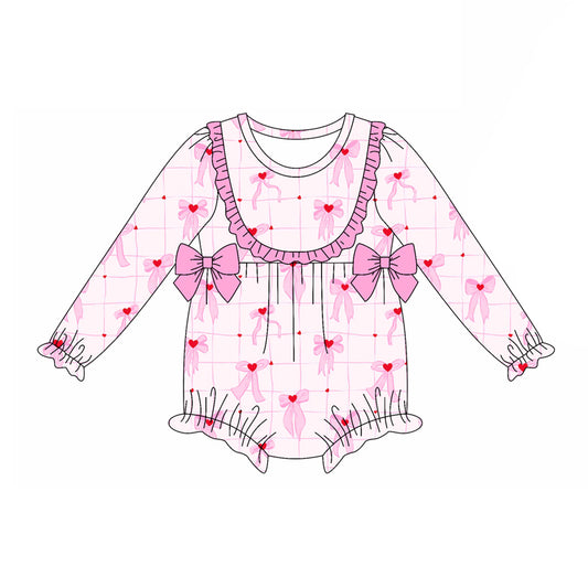 Preorder(moq 5)Baby Girls Pink Hearts Bows Plaid Ruffle Rompers