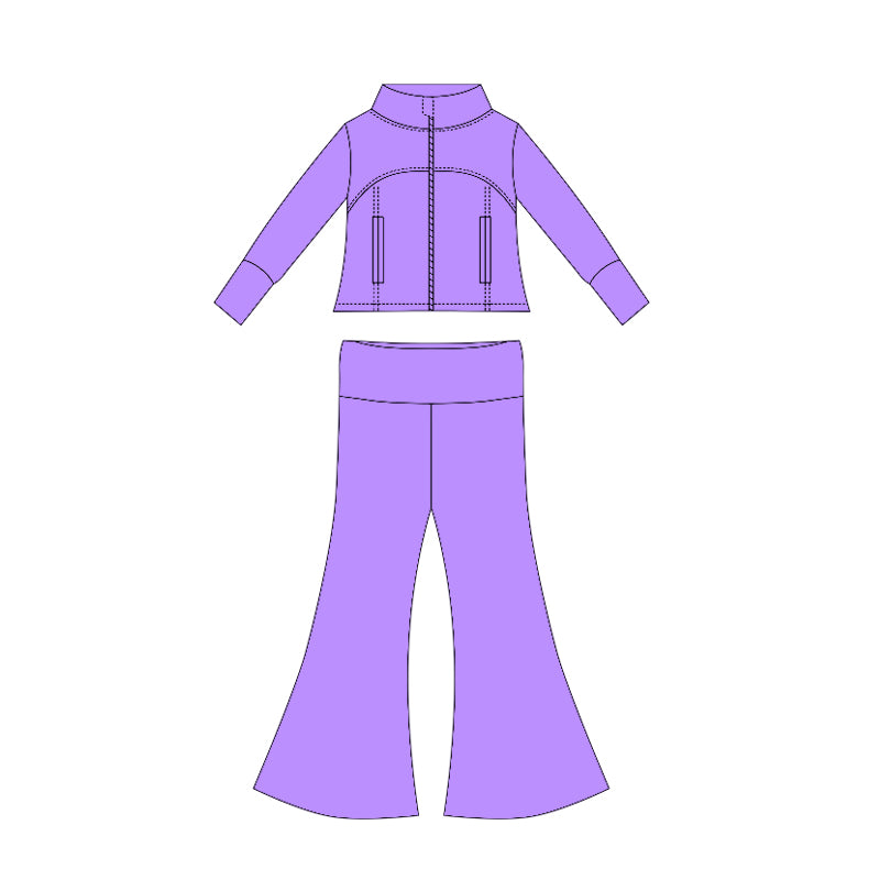 Preorder moq 10 Baby Girls Purple Long Sleeves Pockets Zipper Top Bell Bottom Pant Set