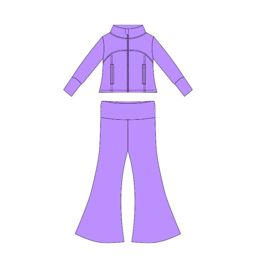 Preorder moq 10 Baby Girls Purple Long Sleeves Pockets Zipper Top Bell Bottom Pant Set