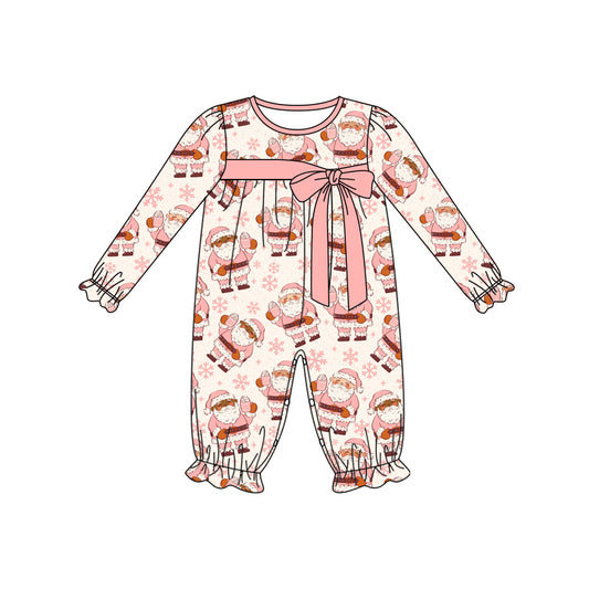Preorder (moq 5)Baby Girls Long Ruffle Sleeves Pink Santa Snowflake Pant Rompers