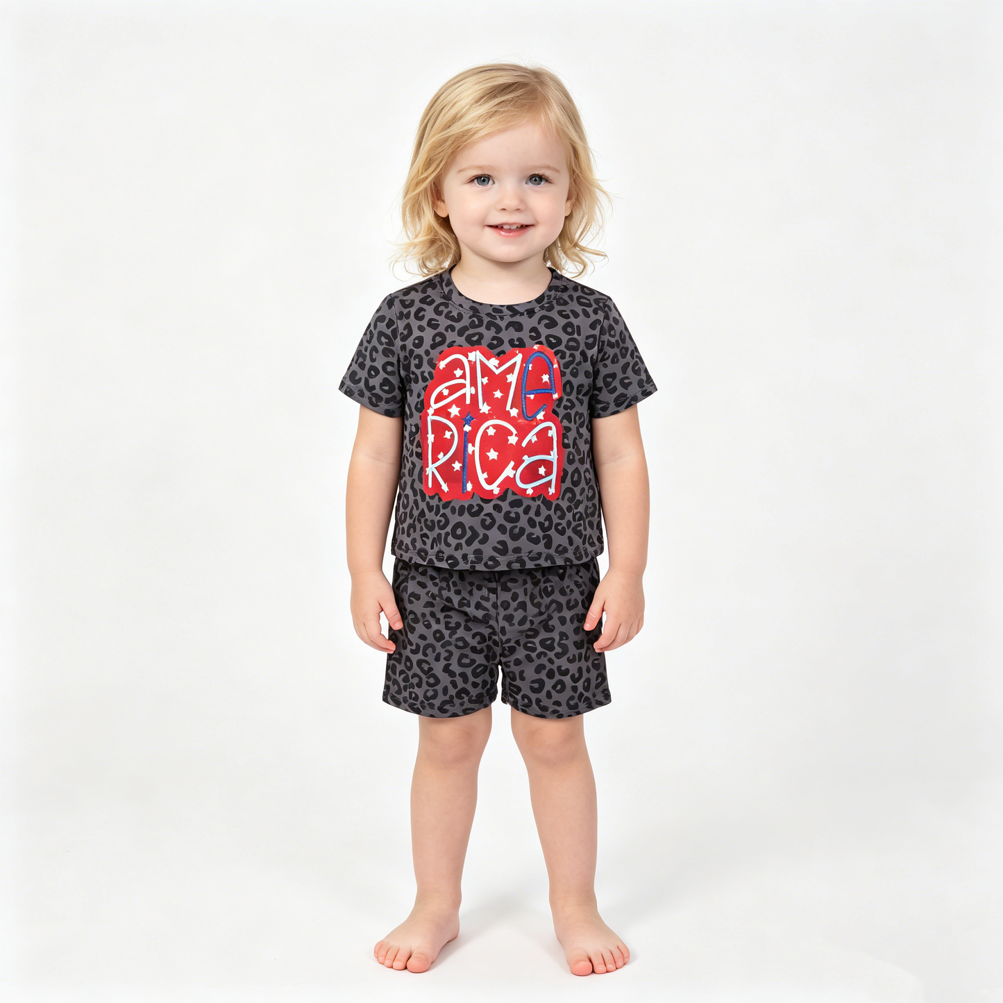 Baby Girls Black Leopard American Stars Top Short 4th Of July Slouchy Set