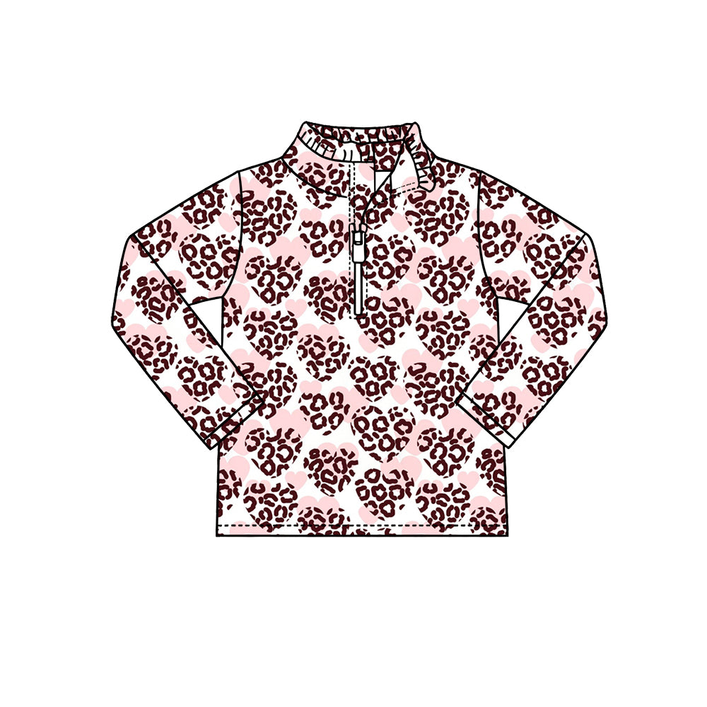 Preorder (moq 5) Baby Girl Clothes Leopard Heart Allover Print Long Sleeve Half Zip Top