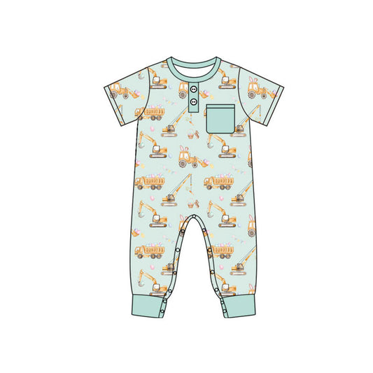 Preorder (moq 8)Baby Boys Button Pocket Excavators Eggs Easter Footie Rompers