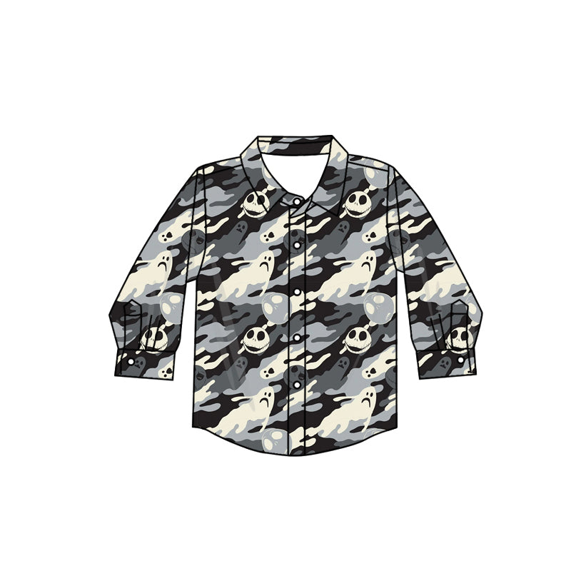 Preorder (moq 5)Baby Boys Long Sleeves Black Camo Ghost Skulls Zipper Shirts Top