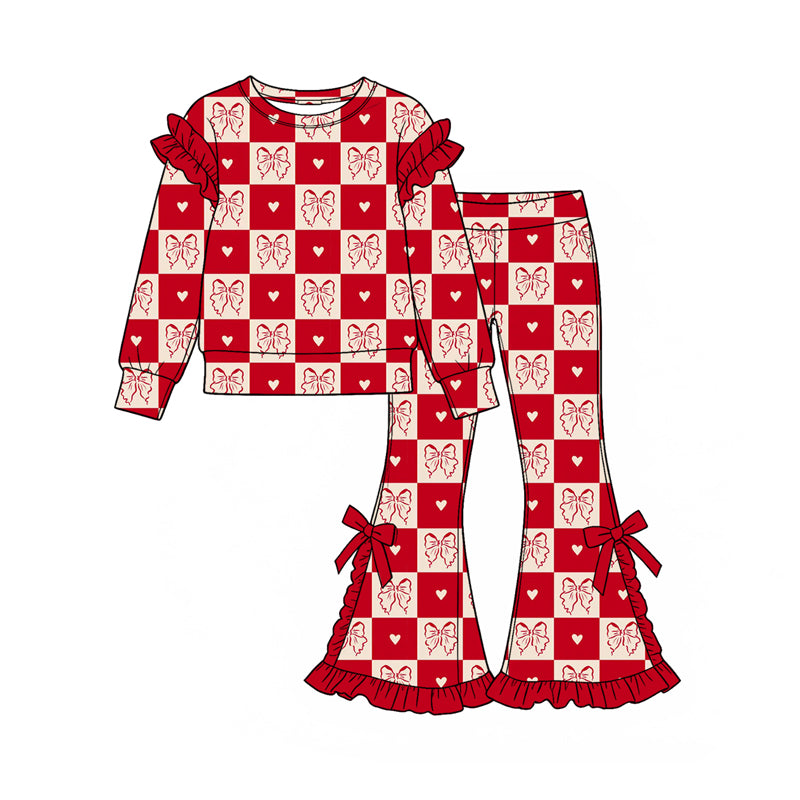 Preorder (moq 5) Girls’ Fall Red Heart, Plaid & Bow Ruffle Long-Sleeve Round-Neck Top with Flare Pants Set