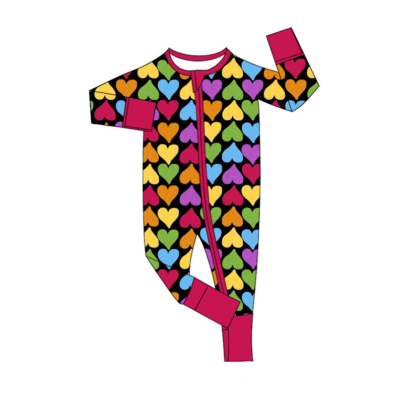 Preorder (moq 5)Baby Boys Colorful Hearts Valentine Zipper Footie Rompers