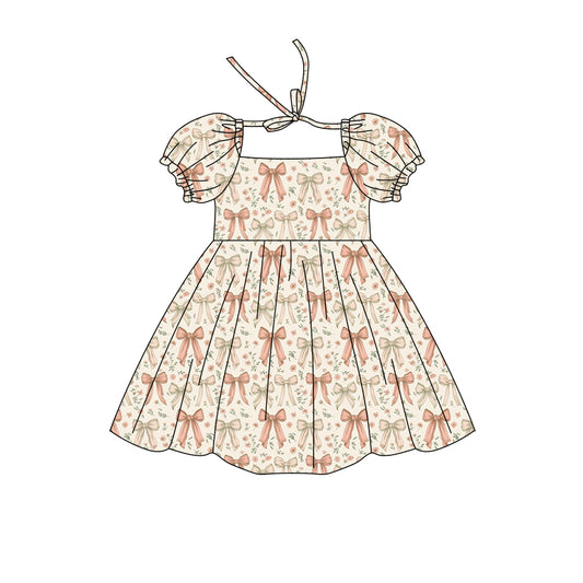 Preorder (moq 5)Baby Girls Short Ruffle Sleeve Colorful Flowers Bows Knee Length Dresses