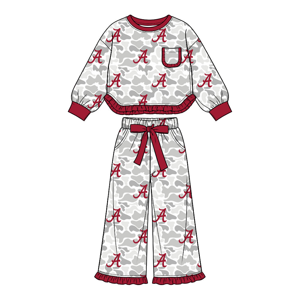 Preorder (moq 5) Baby Girl Clothes Grey Camo Cursive Monogram Print Long Sleeve Ruffle Top Wide Leg Pant Outfit Set