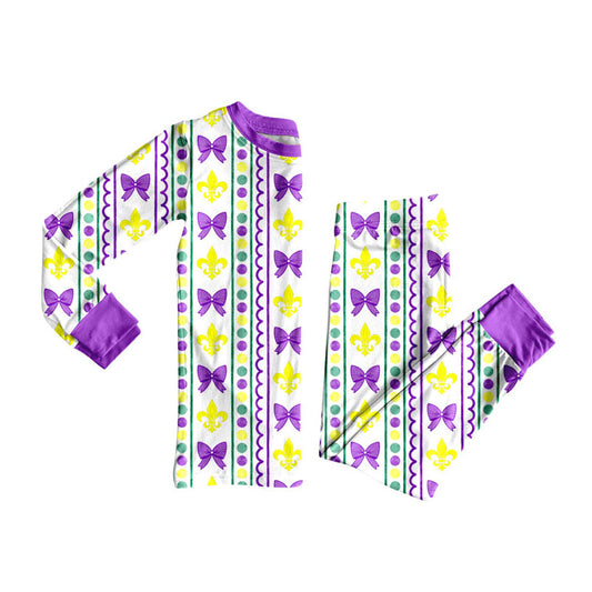 Preorder (moq 5)Baby Girls Purple Yellow Green Bows Stripe Pants Mardigras Pajamas Sets