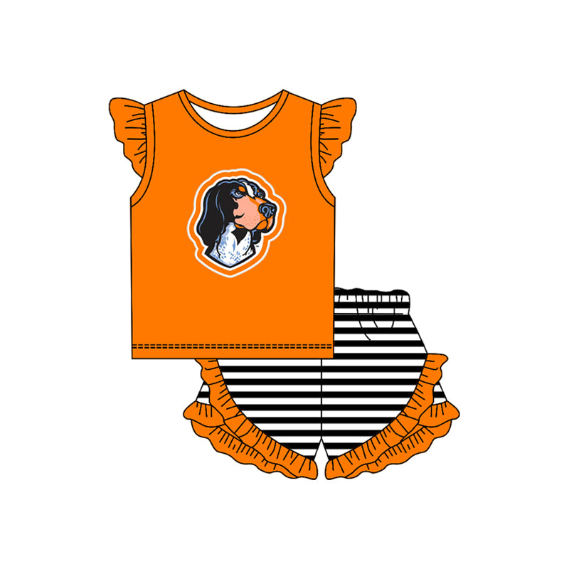 Preorder (moq 5)Baby Girls Orange Dog Top Stripe Ruffle Shorts Team Clothes Set