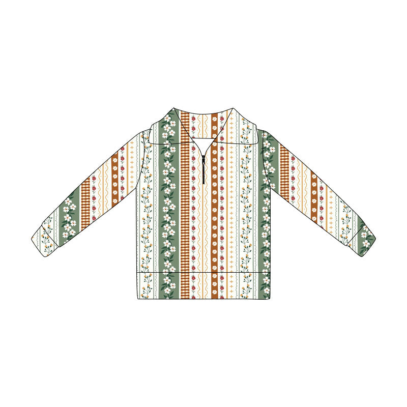 Preorder (moq 5)Baby Girls Long Sleeve Colorful Flowers Stripe Zip Pullovers Top