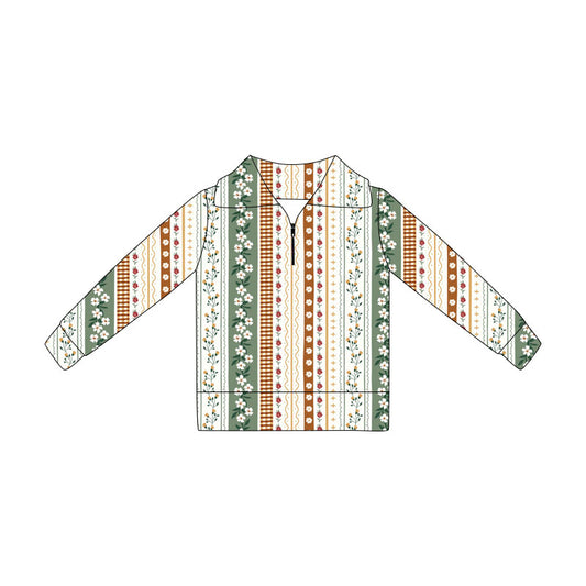 Preorder (moq 5)Baby Girls Long Sleeve Colorful Flowers Stripe Zip Pullovers Top