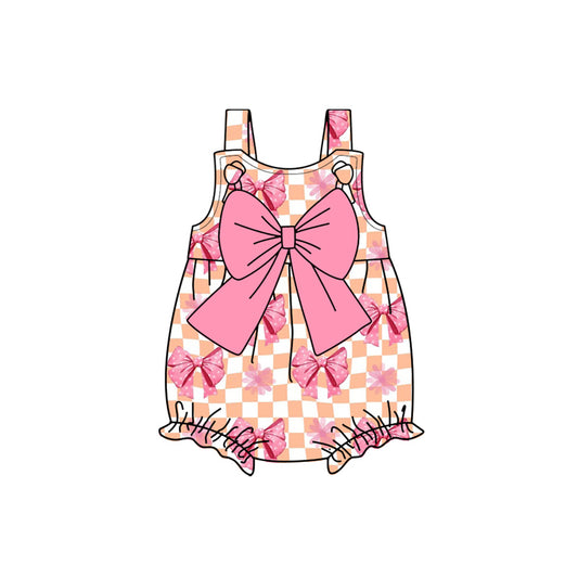Preorder(moq 5)Baby Infant Girls Pink Plaid Strap Polka Dots Bows Top Summer Rompers