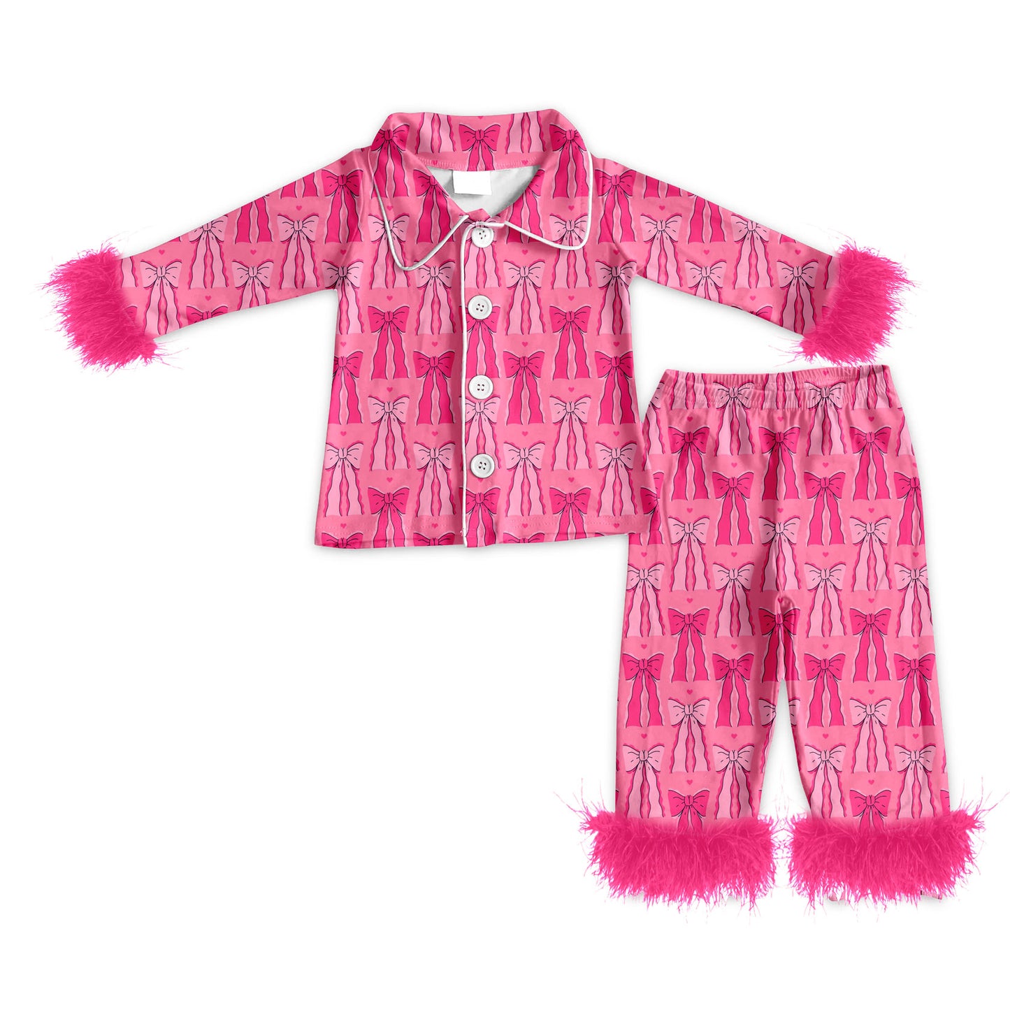 Preorder (moq 5)Baby Girls Hot Pink Bows Hearts Button Top Pants Valentine Fur Pajamas Sets