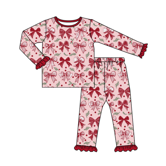 Preorder (moq 5)Baby Girls Long Ruffle Sleeves Hot Pink Bows Top Pant Pajamas Set