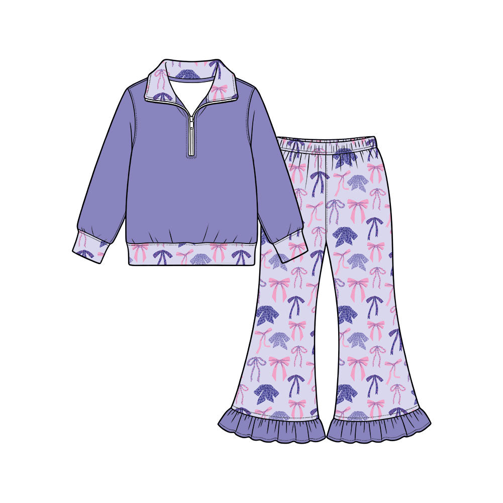Preorder (moq 5) Baby Girl Clothes Purple Pink Bow Print Long Sleeve Quarter Zip Top Ruffle Flare Pant Set