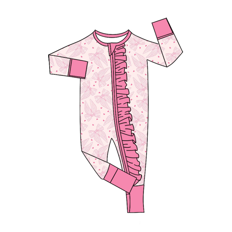 Preorder (moq 5) Baby Girls Bows Hearts Valentines Two Way Ruffle Zip Convertible Rompers