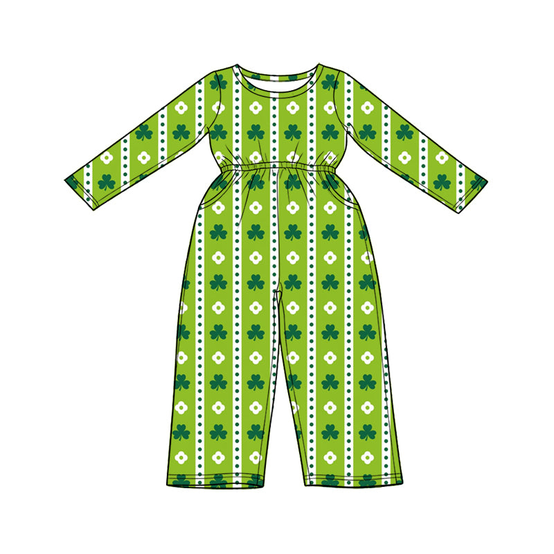 Preorder (moq 5) Baby Girl Clothes St Patrick's Day Simple Clover Flower Striped Print Long Sleeve Waist Jumpsuit