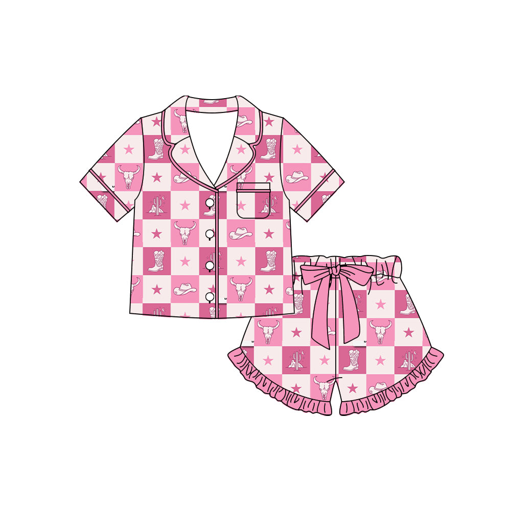 Preorder moq 5 Baby Girls Pink Cactus Cows Checked Button Pocket Top Ruffle Shorts Western Pajamas Sets