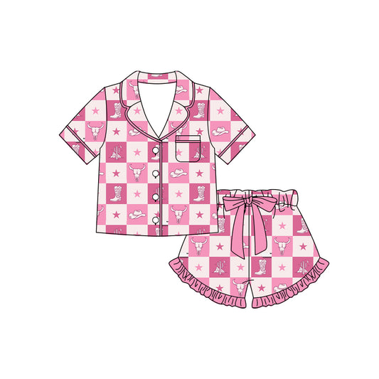 Preorder moq 5 Baby Girls Pink Cactus Cows Checked Button Pocket Top Ruffle Shorts Western Pajamas Sets