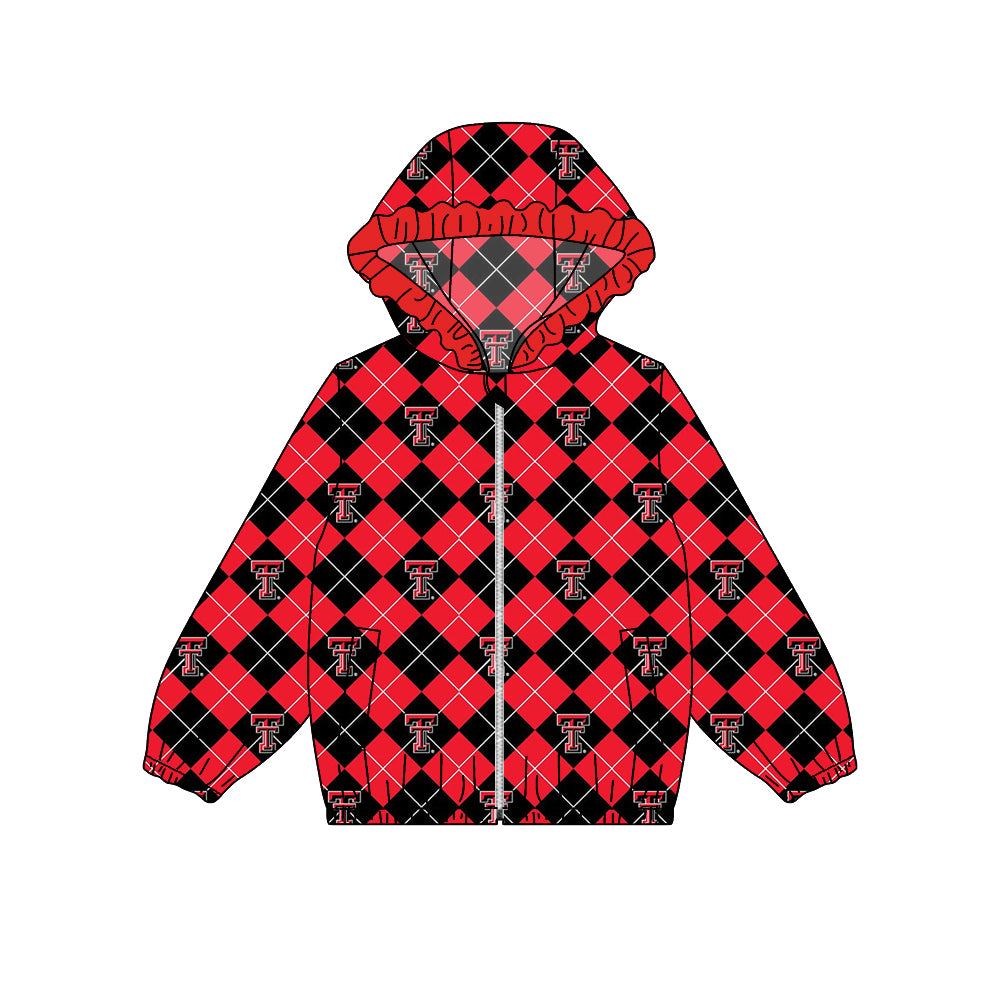Preorder (moq 5)Baby Girls Texas Tech Footballs Red Checkered Team Ruffle Hooded Tops