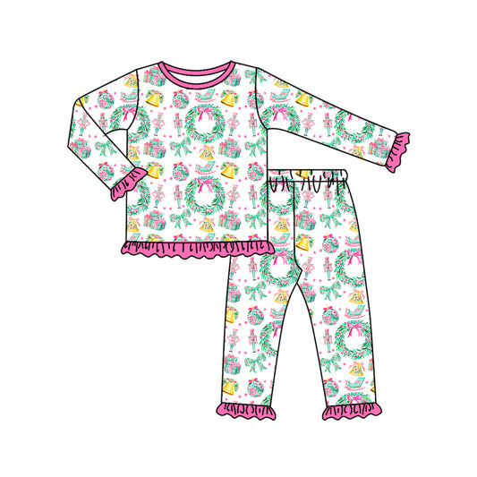 Preorder (moq 5)Baby Girls Long Sleeves Holly Soldiers Top Ruffle Pant Pajamas Clothes Set