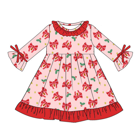 Preorder (moq 5)Baby Girls Red Bows Holly Christmas Ruffle Knee Length Dresses