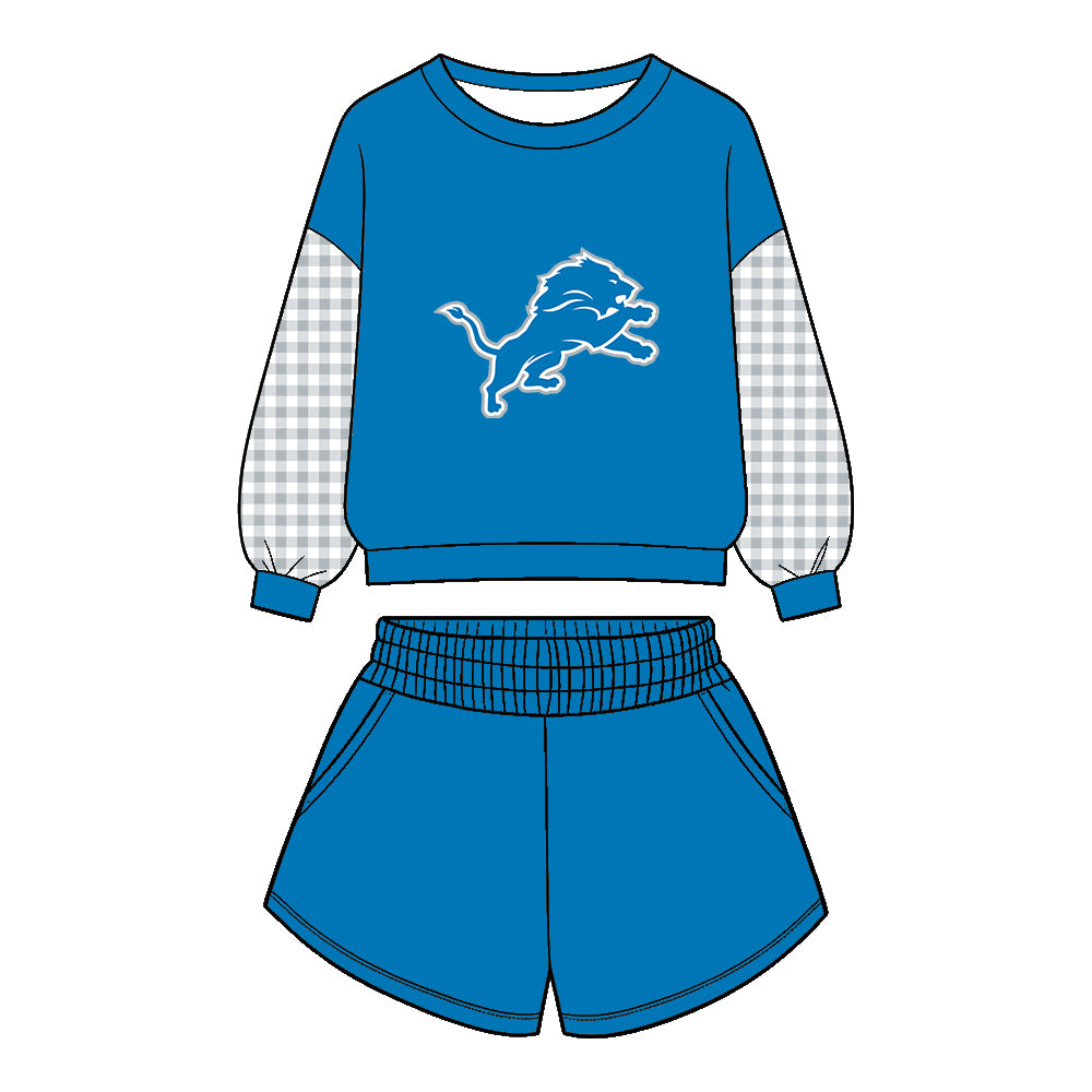 Preorder (moq 5)Baby Boys Blue Long Sleeve Lions Top Pockets Short Team Clothes Set