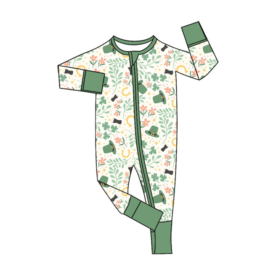 Preorder (moq 5) Baby Girl Clothes St Patrick’s Day Clover Floral Hat Horseshoe Print Long Sleeve Zip Romper Jumpsuit