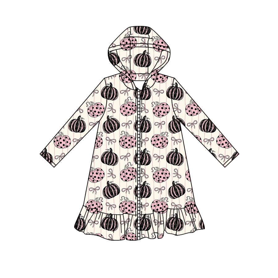 Preorder moq 5 Baby Girls Pink Stripe Bows Pumpkins Fall Zip Ruffle Knee Length Dresses
