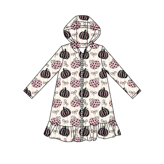 Preorder moq 5 Baby Girls Pink Stripe Bows Pumpkins Fall Zip Ruffle Knee Length Dresses