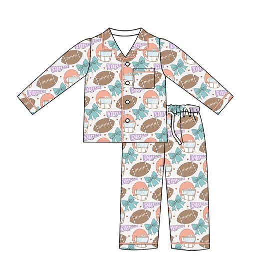 Preorder (moq 5)Baby Girls Bows Footballs Button Pocket Top Pant Team Pajamas Sets