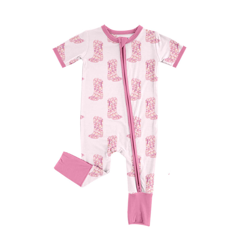Preorder (moq 5)Baby Girls Flower Boots Western Two Way Zip Convertible Rompers