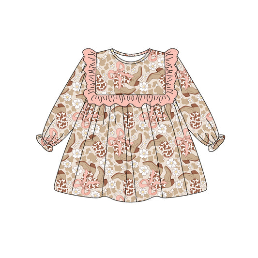 Preorder (moq 5)Baby Girls Long Ruffle Sleeves Camo Bows Boots Knee Length Dresses