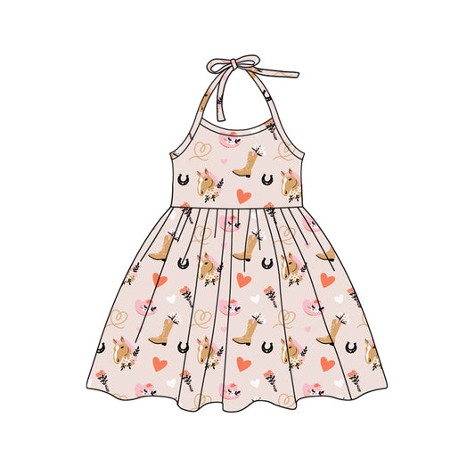 Preorder (moq 5)Baby Girls Pink Strap Boots Horses Hearts Knee Length Dress