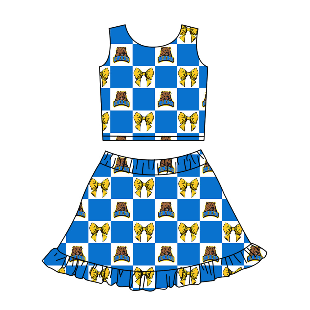 Preorder (moq 5)Baby Girls UCLA Bruins Bows Checked Vests Ruffle Skirt Short Team Clothes Sets