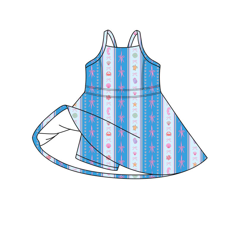 Preorder (moq 5)Baby Girls Strap Bows Shells Stripe Shorts Knee Length Dresses