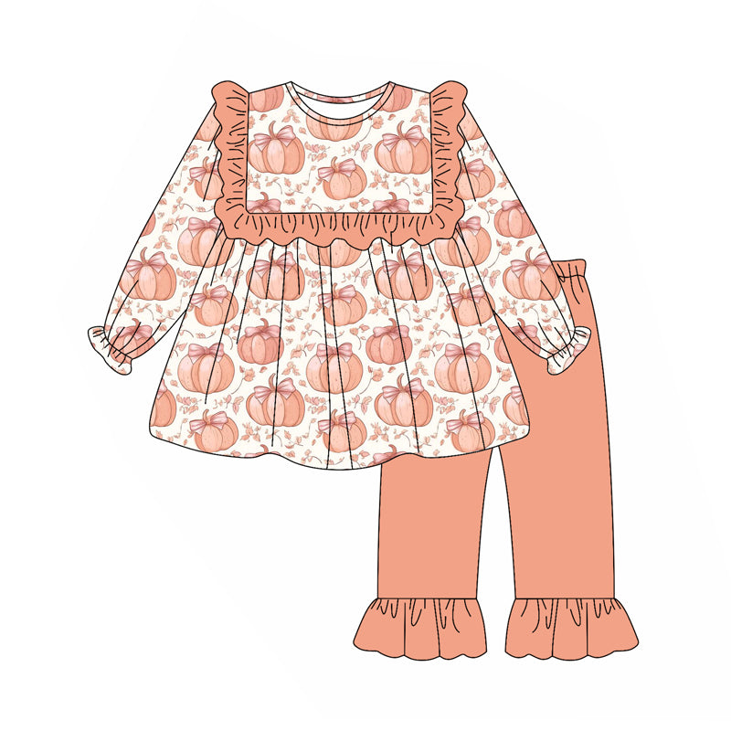 Preorder (moq 5)Baby Girls Long Sleeves Peach Flower Pumpkins Tunic Ruffle Pant Sets