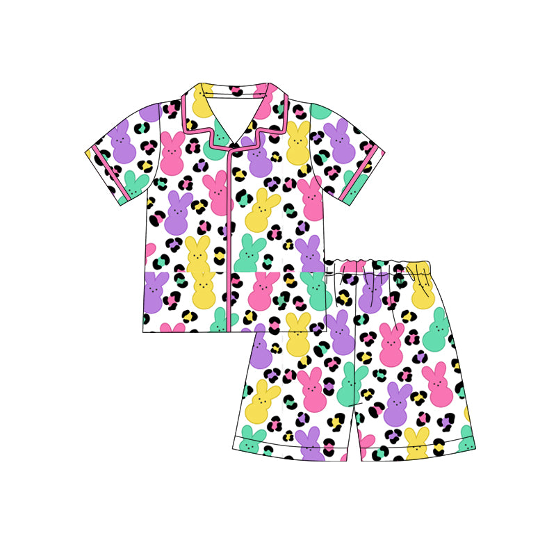 Preorder (moq 5)Baby Girls Colorful Rabbits Leopard Button Top Shorts Easter Pajamas Sets