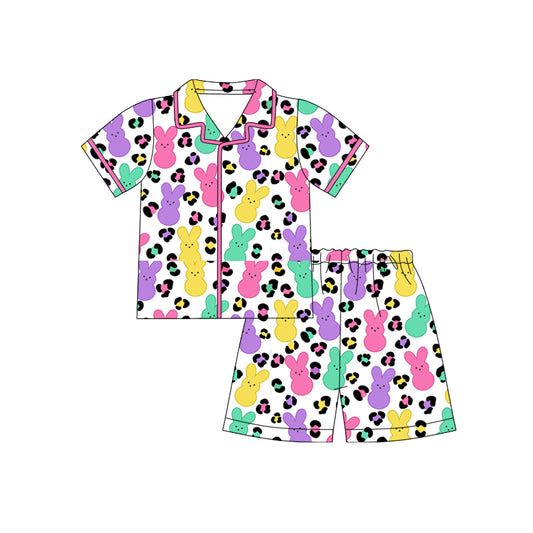 Preorder (moq 5)Baby Girls Colorful Rabbits Leopard Button Top Shorts Easter Pajamas Sets