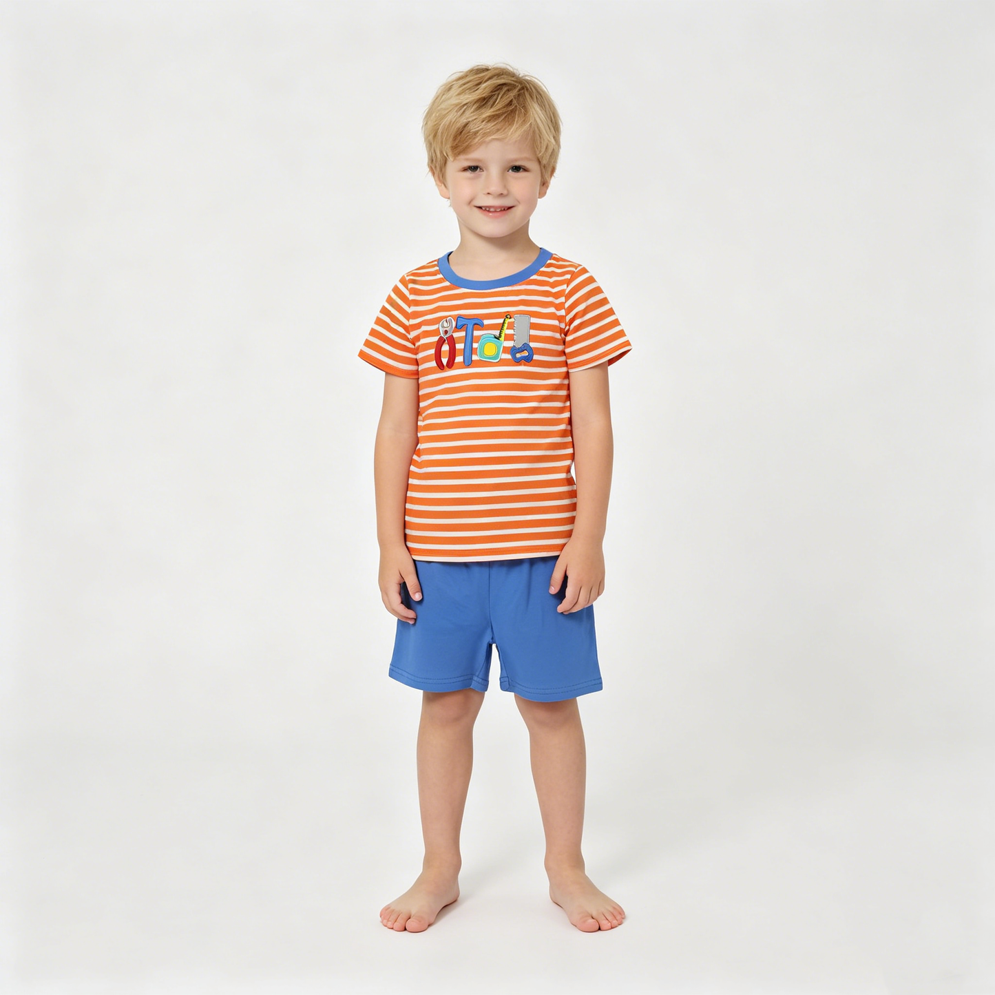 Embroidery Tools Baby Boys Orange Stripe Top Shorts Clothes Sets