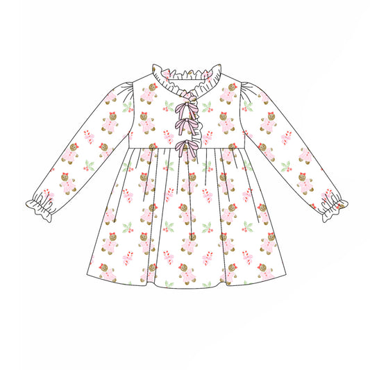 preorder(moq 5) Baby Girls Long Sleeves Pink Gingerbread Holly Plaid Knee Length Dress