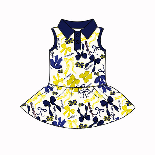 Preorder (moq 5)Baby Girls Sleeveless Yellow Navy Bows Plaid Button Team Knee Length Dresses