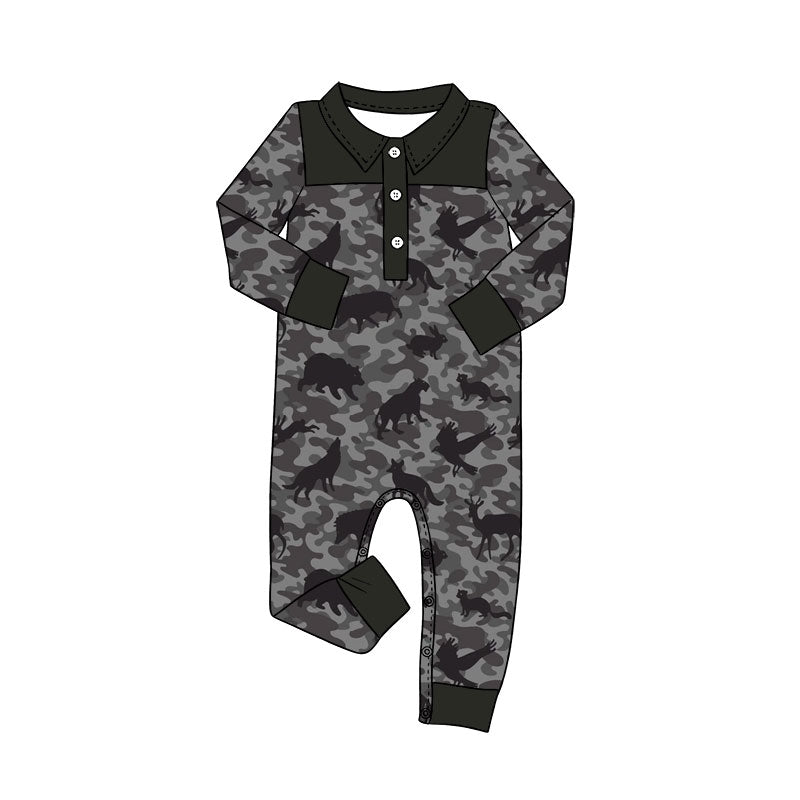 Preorder (moq 5)Baby Boys Long Sleeve Black Camo Animals Button Hunting Rompers