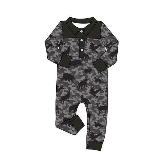 Preorder (moq 5)Baby Boys Long Sleeve Black Camo Animals Button Hunting Rompers