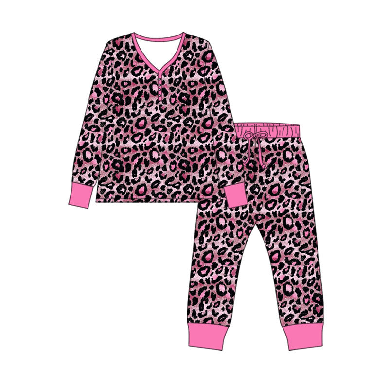 Preorder (moq 5)Baby Girls Pink Black Leopard Button Top Pants Pajamas Sets