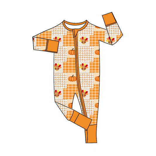 Preorder (moq 5)Baby Girls Pumpkins Turkey Thanksgiving Two Way Zip Convertible Rompers