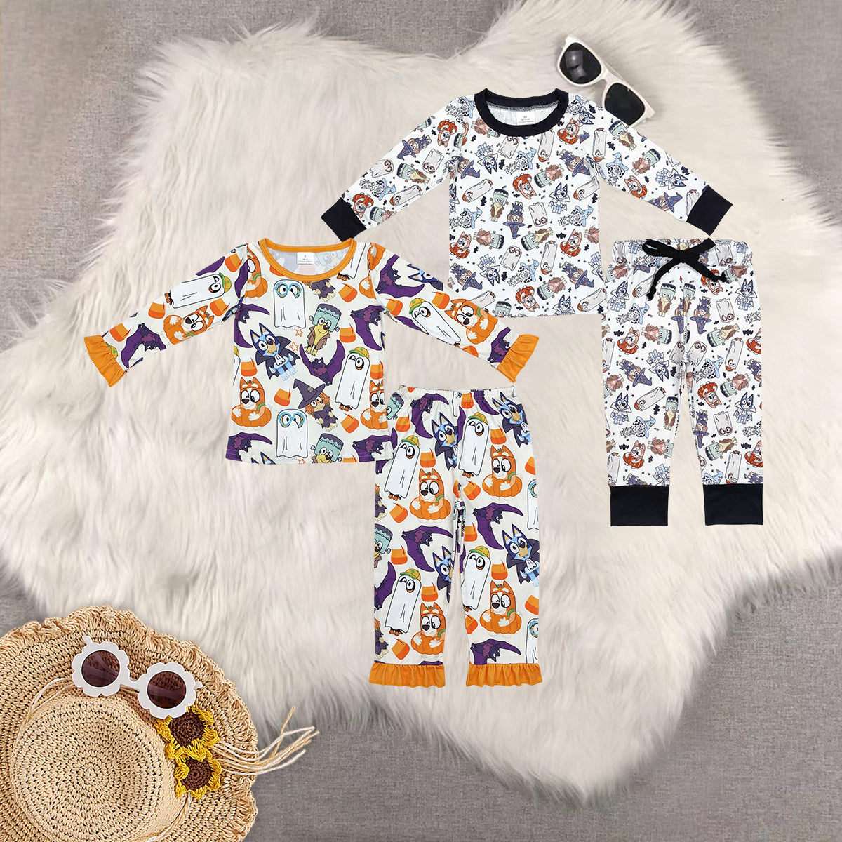 Sibling Baby Kids Cartoon Dogs Ghosts Bats Top Pants Halloween Pajamas Clothes sets